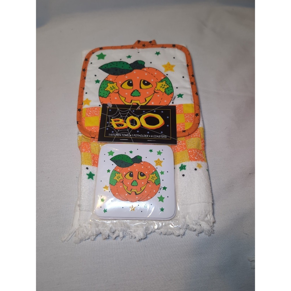 Vintage NOS Halloween Kitchen Set Hand Towel Potholder & 4 Coasters Set B&D